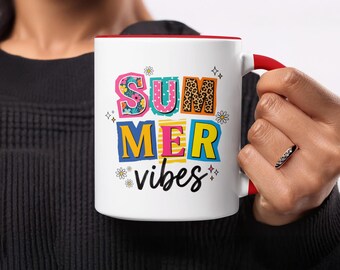 Summer Vibes Mug, Vibrant Colorful Design, Floral Polka Dot Leopard Print Collage, Happy Sunshine Drinkware, Fun Tropical Coffee Cup Gift