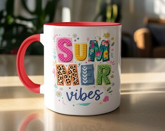 Summer Vibes Mug, Bright Colorful Happy Design, Floral Leopard Print Polka Dot Artwork, Fun Cheerful Season Cup, Unique Abstract Patterned