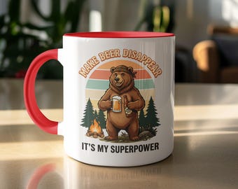 Make Beer Disappear Superpower Mug, Funny Drinking Bear Coffee Cup, Retro Camping Forest Lover Gift, Humorous Outdoorsman Brew Bear Mug