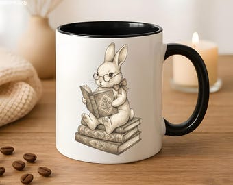 Caneca Coelho Erudito, Caneca de Café com Óculos de Coelho Fofo, Presente para Amantes de Livros, Arte Vintage de Animal Leitor, Caneca para Apreciador de Chá Intelectual, Aconchegante