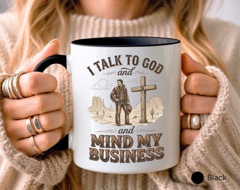 Caneca Fé de Cowboy, Eu Falo com Deus, Cuido da Minha Vida, Caneca de Café Cristã com Estampa Ocidental, Paisagem Rústica do Deserto, Presente Religioso, Chá Inspirador