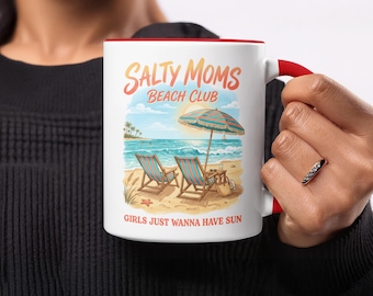 Salty Moms Beach Club Mug, Girls Just Wanna Have Sun Coffee Cup, Summer Beach Vacation Drinkware, Ocean Lover Gift, Relaxing Tropical Scene