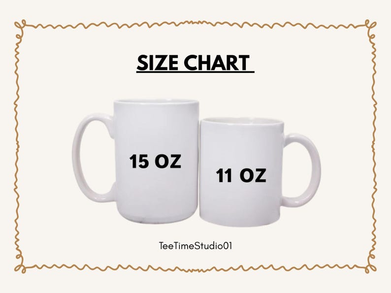 Two white mugs side-by-side labeled 15 oz and 11 oz.