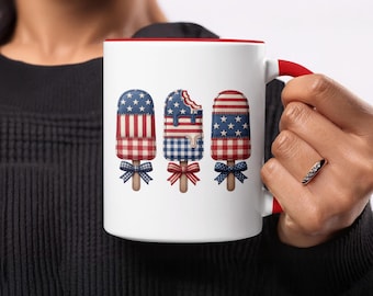Patriotic Popsicle Mug, Americana Stars Stripes Gingham Coffee Cup, Rustic Red White Blue Ice Pop Drinkware Gift, Summer Holiday Mug