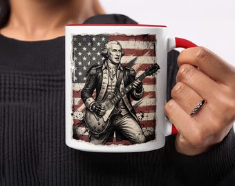 George Washington Rock Star Mug, Patriotic Founding Father Guitarist Coffee Cup, Vintage USA Flag Art, Revolutionary War Humor, Unique