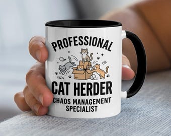 Taza de pastor de gatos profesional, especialista en gestión del caos, regalo divertido para amantes de los gatos, taza de café para dueños de mascotas, diseño de gatito lindo, humor animal.