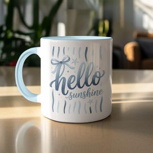 Taza Hello Sunshine, taza de café con letras azules, taza con diseño de estrella de mar y lazo, vajilla inspiradora, taza de té con ambiente playero, mensaje positivo
