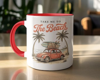 Take Me To The Beach Mug, Vintage Car Surfboard Mug, Retro Beach Life Coffee Cup, Summer Vacation Travel Mug, Ocean Palm Tree Gift