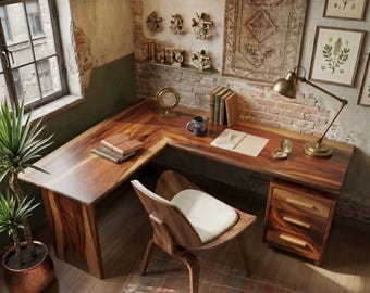 Modern L Shaped Wood Desk With Drawers, Solid Corner Desk For Home Office, Custom Executive Desk, Handcrafted Vanity Desk