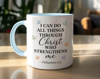 Caneca Filipenses 4:13, "Tudo posso naquele que me fortalece", Caneca de café com versículo bíblico inspirador da fé cristã, Borboleta