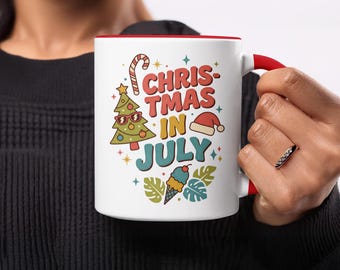 Christmas in July Mug, Summer Holiday Coffee Cup, Retro Festive Drinkware, Cool Xmas Tree, Santa Hat, Ice Cream Fun, Unique Gift Idea