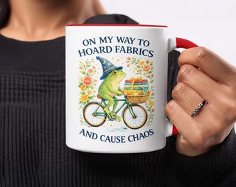 Hoard Fabrics Frog Wizard Mug, Chaotic Crafter Coffee Cup, Sewing Enthusiast Gift, Funny Quilting Tea Mug, Floral Frog Bicycle Ride, Unique