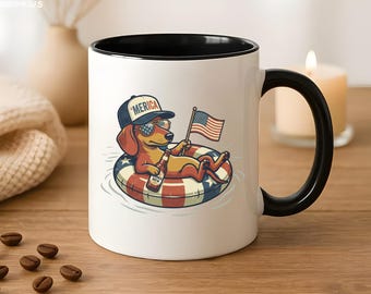 Dachshund Dog Mug, Patriotic Wiener Dog Coffee Cup, Summer Celebration Drinkware, National Theme Gift, Relaxing Sausage Dog Float