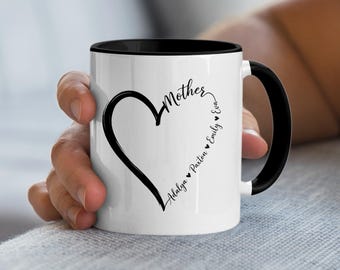 Personalized Mother Heart Mug, Custom Names Family Love Coffee Mug, Unique Gift for Mom, Mother's Day Present, Family Name Keepsake