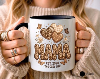 Mama EST 2024 Leopard Print Hearts Mug, Cozy Life New Mom Coffee Mug, Future Mama Gift, Rustic Boho Style Motherhood Mug
