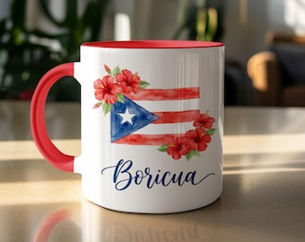 Taza con la bandera boricua de Puerto Rico, orgullo puertorriqueño, flor de hibisco, regalo boricua, taza de Puerto Rico