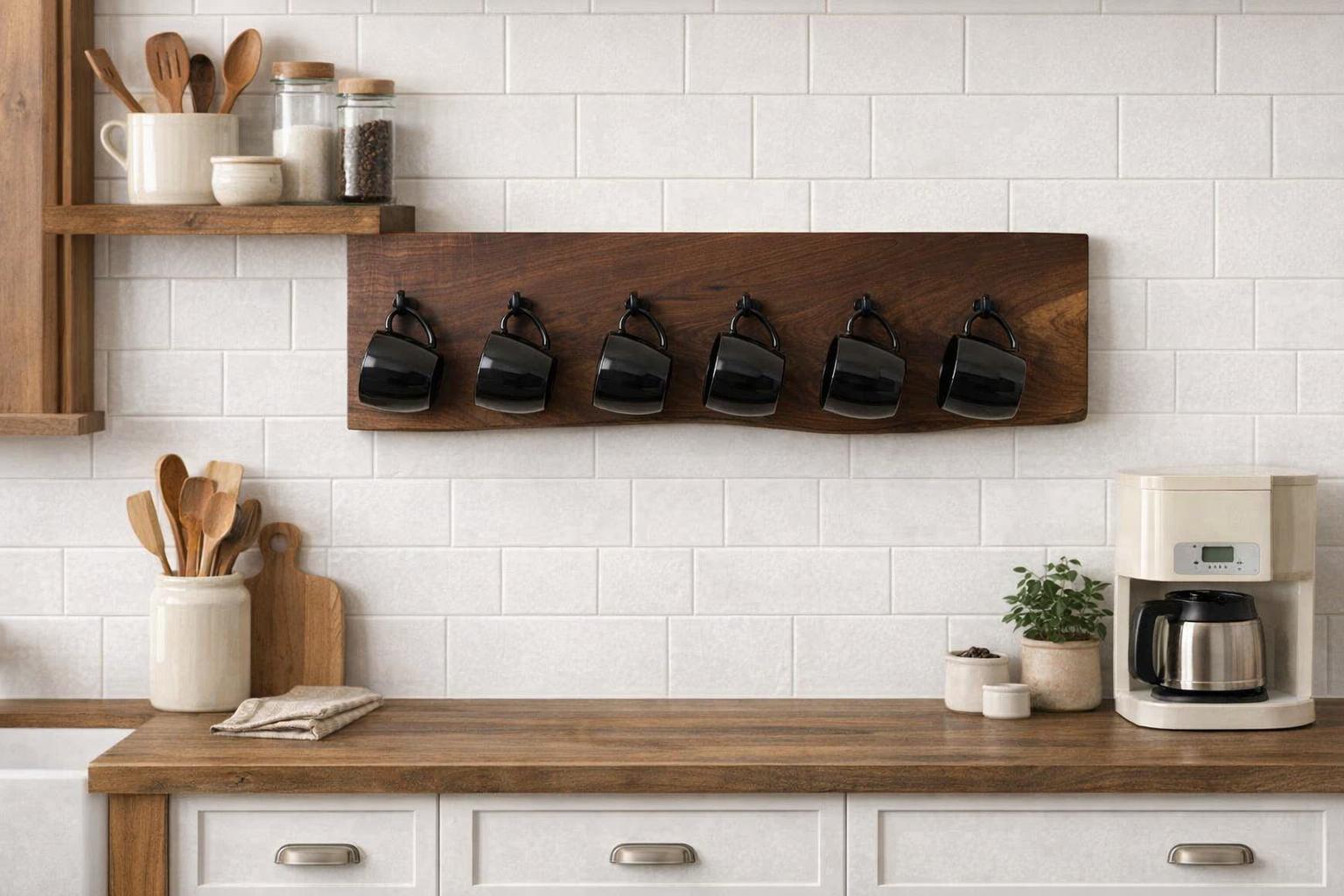 Timber Mug Rack Solid Walnut Live Edge-rustic Wood Mug Rack With Hooks – Wall Mounted ...