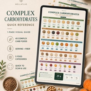 May include: A digital tablet displaying a Complex Carbohydrates Quick Reference guide with 40 food items categorized into whole grains, legumes, starchy vegetables, staples, and fruits, featuring serving sizes, fiber content, and daily fiber goals.