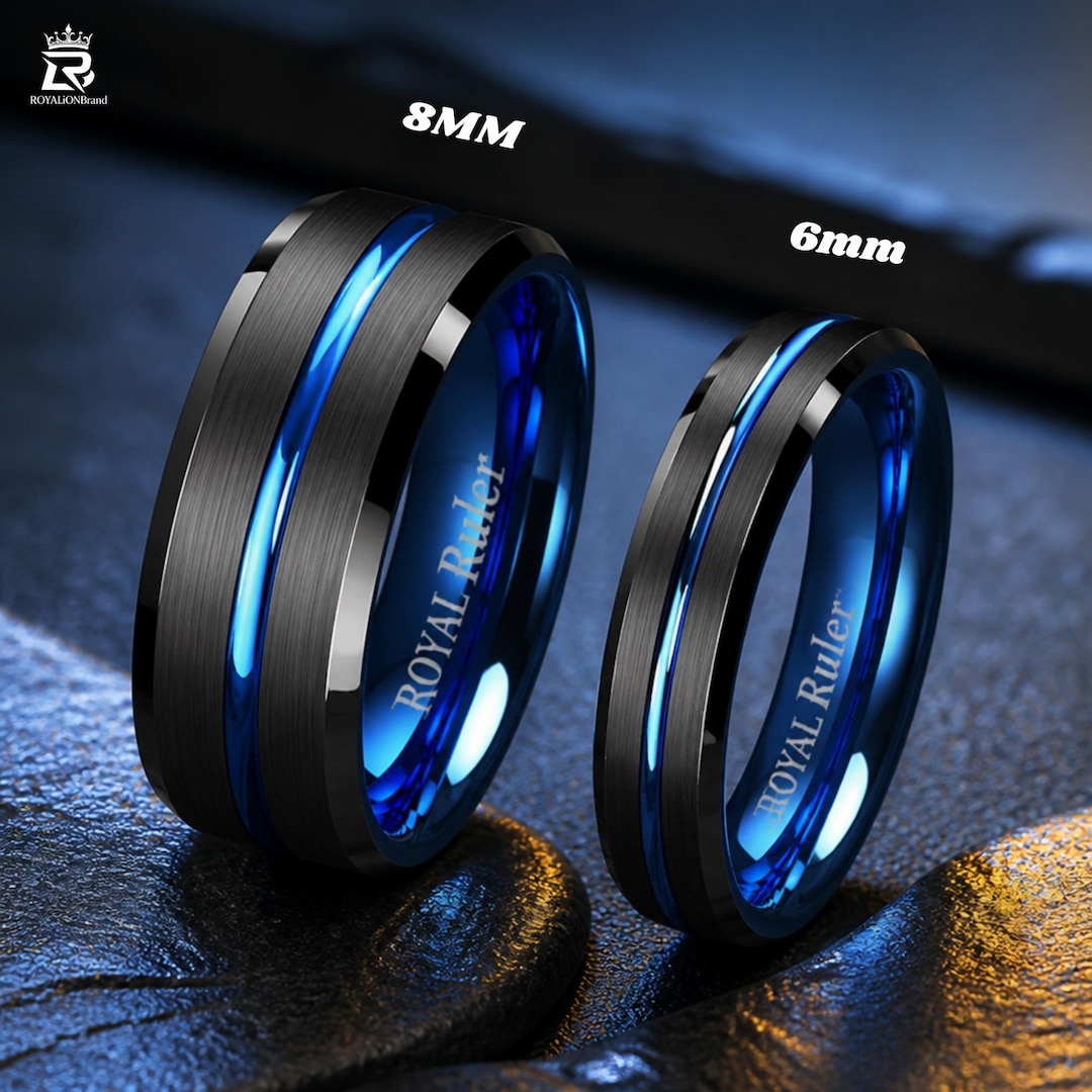 Thin Line Rings Black Tungsten Thin Blue Line Ring Brushed Wedding Band for Men Women ...