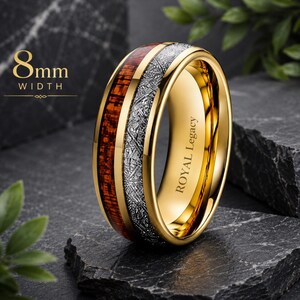 Anillo de boda de tungsteno chapado en oro de 18 quilates con incrustaciones de madera de meteorito, anillo de compromiso para parejas