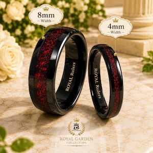 Anello nuziale in tungsteno con granato rosso scuro e opale nero, regalo di anniversario per uomo e donna.
