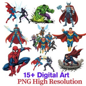 Pode incluir: Arte digital com vários super-heróis, incluindo Superman, Homem-Aranha, Hulk e Thor. As ilustrações mostram poses de ação dinâmicas e cores vibrantes. O texto na parte inferior diz "15+ Digital Art PNG High Resolution."
