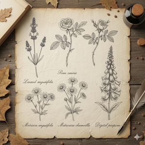 May include: Aged paper with botanical illustrations of plants such as lavender, roses, and daisies. Each plant is meticulously drawn with its Latin name underneath. A quill and inkwell are positioned on the paper, enhancing the vintage aesthetic.