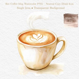 Hot Coffee Mug Watercolor PNG – Neutral Cozy Drink Icon