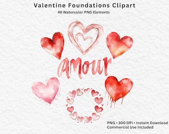 Valentine Foundations Clipart Bundle - Aquarell Herzen, Liebe Sätze & Rahmen, 48 PNGs