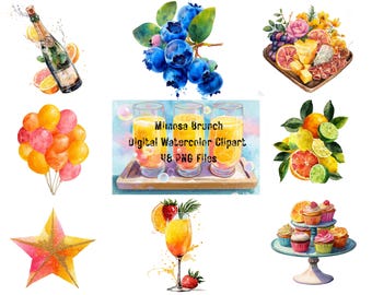 Mimosa Brunch Watercolor Clipart – Citrus, Champagne (PNG Digital Download)