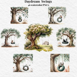 Tree Swing Watercolor Clipart, Woodland Nature PNG Bundle
