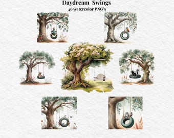 Trädgunga Akvarell Clipart, Skogsmark Natur PNG Bundle