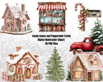 Candy Cane Watercolor Clipart – Christmas Treats PNGs (48 Files)