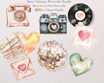 May include: Watercolor illustrations of retro Valentine's Day themed items. Includes a pink rotary phone, a vintage camera, a vinyl record, a photo with a heart, a stack of letters, a heart-shaped disco ball, and two watercolor hearts. The text reads "Retro Valentine Watercolor Bundle".
