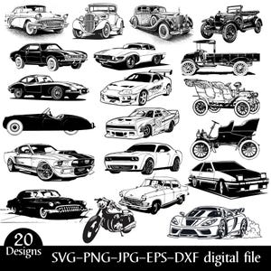 Könnte beinhalten: Eine Sammlung von 20 schwarz-weißen Autodesigns, darunter klassische und moderne Fahrzeuge, wie Sportwagen, Oldtimer und ein Motorrad. Das Bild enthält den Text "20 Designs SVG-PNG-JPG-EPS-DXF digital file."