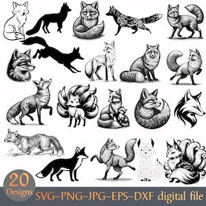 May include: A collection of 20 fox designs in various styles, including detailed illustrations, silhouettes, and geometric patterns. The images are in black and white, with the text "SVG-PNG-JPG-EPS-DXF digital file" at the bottom.