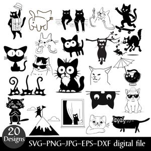 Könnte beinhalten: Eine Sammlung von 20 schwarz-weißen Katzendesigns in verschiedenen Posen. Katzen werden mit Sonnenbrillen, auf einem Skateboard und hängend an einem Ast dargestellt. Das Bild enthält den Text "20 Designs" und Dateitypinformationen.