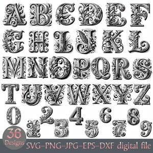 May include: Black and white ornate alphabet and number set, including letters A through Z and numbers 0-9. Each character features a detailed floral design. The image also includes the text "36 Designs SVG-PNG-JPG-EPS-DXF digital file."