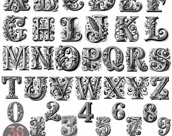 Puede incluir: Conjunto en blanco y negro de letras y números ornamentados, de la A a la Z y del 0 al 9, cada uno con un diseño floral detallado. La imagen también incluye el texto "36 Designs SVG-PNG-JPG-EPS-DXF digital file."