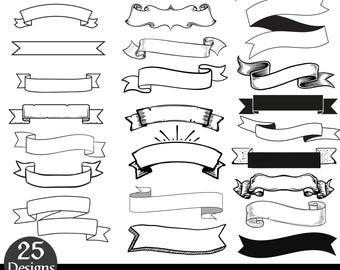 Puede incluir: Imagen digital de 25 diseños de banners en blanco y negro. Los banners varían en forma y estilo, desde líneas rectas hasta cintas ornamentadas. El texto "SVG-PNG-JPG-EPS-DXF digital file" está incluido.