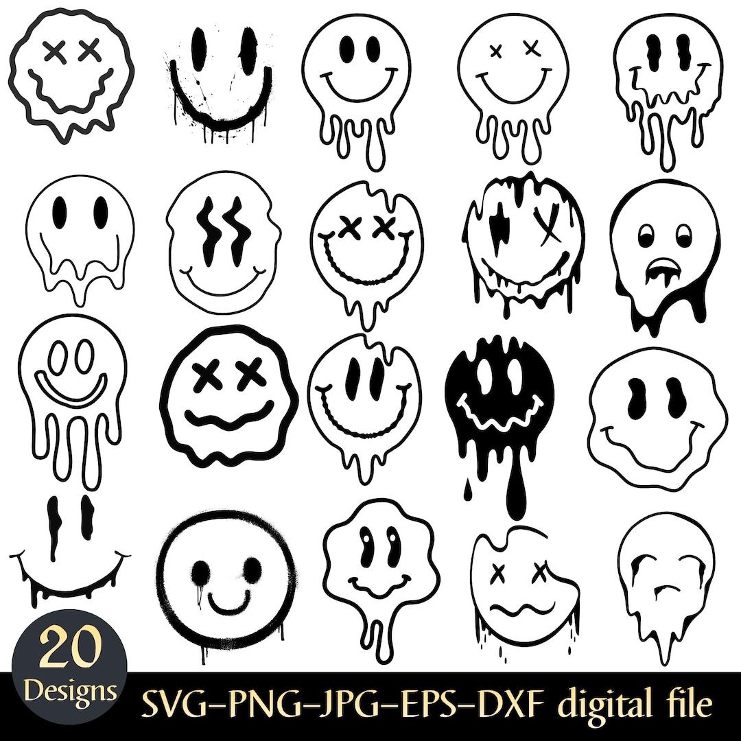 Melting Smiley Face SVG Bundle, Retro Drip Emoji Graphics, Digital ...