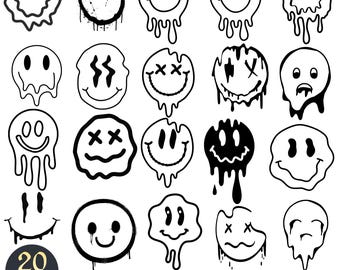 Melting Smiley Face SVG Bundle, Retro Drip Emoji Graphics, Digital Files