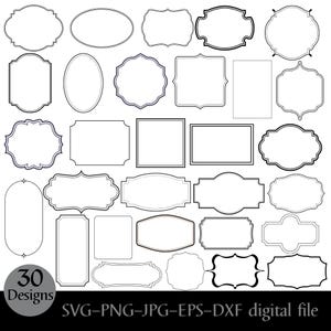 Puede incluir: Una colección de 30 diseños de marcos diferentes en blanco y negro. Los marcos varían en forma, incluyendo estilos ovalados, rectangulares y ornamentados. La imagen incluye el texto "30 Designs" y "SVG-PNG-JPG-EPS-DXF digital file".
