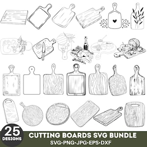 May include: A collection of 25 cutting board designs in black and white, including various shapes and styles. The image includes rectangular, round, and paddle-shaped boards, some with handles. Text at the bottom reads "CUTTING BOARDS SVG BUNDLE" and file types.