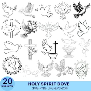May include: A collection of 20 black and white digital illustrations featuring doves, crosses, olive branches, and religious symbols. The graphic set includes various line art styles of birds in flight, some carrying branches or rosaries, with text reading 20 DESIGNS HOLY SPIRIT DOVE SVG PNG JPG EPS DXF.