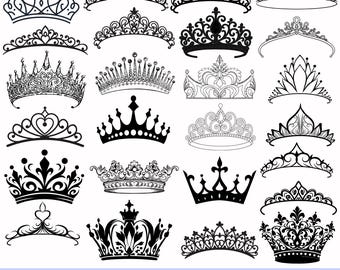 May include: A collection of 25 royal crown and tiara designs in black and white. The crowns vary in style, from simple to ornate, with details like hearts, swirls, and pointed arches. The text at the bottom reads "ROYAL CROWN / TIARA SVG BUNDLE".