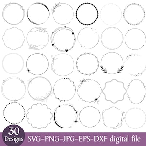May include: A selection of 30 black and white circular designs, each with unique decorative elements. Some circles feature floral, heart, or star motifs, while others have simple outlines or scalloped edges. The bottom left corner displays the number "30" and the text "Designs".