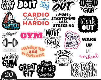 May include: A collection of 20 fitness-themed digital designs in SVG, PNG, JPG, EPS, and DXF formats. The designs feature motivational phrases like "No Pain No Gain," "Work Out," and "You Can Do It," along with fitness-related graphics.