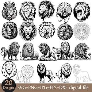 May include: A collection of 20 lion designs in various styles, including detailed illustrations and line art. The images feature lions in different poses, with crowns, and with cubs. The designs are in black and white.