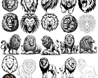 Paquete de archivos SVG de león / Diseños de cabezas de león / SVG de animales salvajes / Imágenes prediseñadas de león para tatuajes / Archivos de corte para Cricut y Silhouette: SVG, PNG, JPG, EPS, DXF